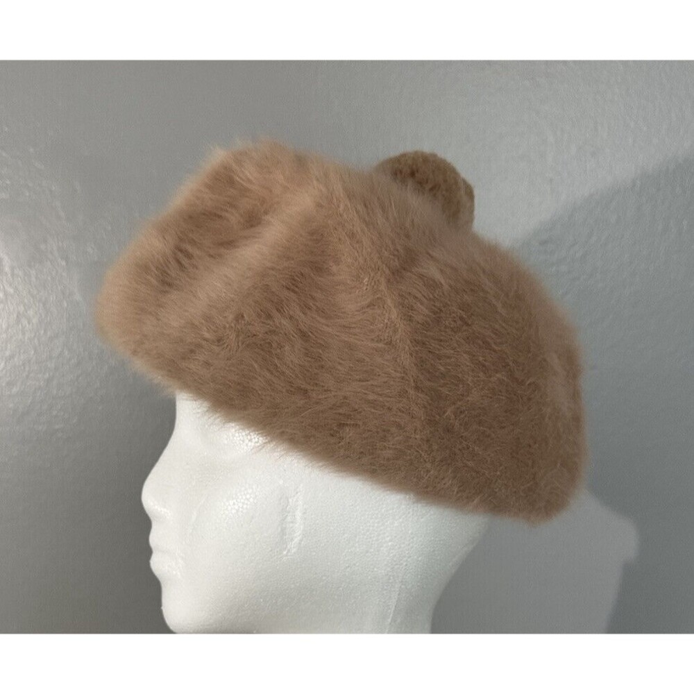 VTG KANGOL DESIGN Furgora Pom Pom Beret Angora Hat Women's SM/MD England Tan